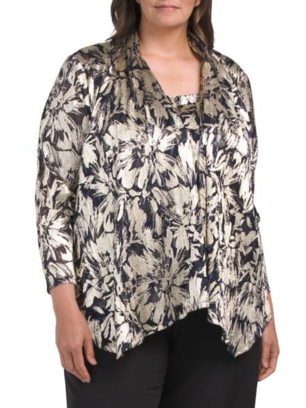 MARINA Plus Made In Usa Foil Twinset Top And Shrug